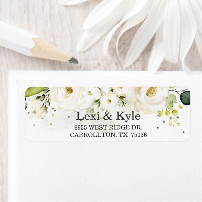 Elegant White Rose & Gold Modern Font Address Label (Insitu)