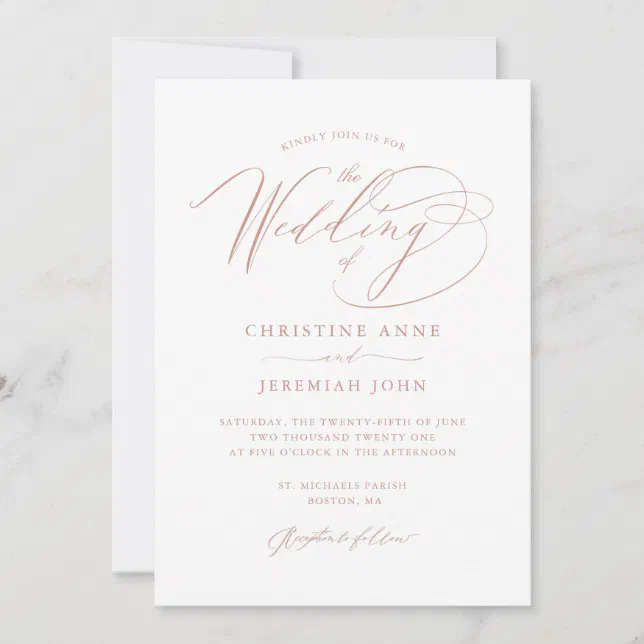 Elegant White Rose Gold Modern Script Wedding Invitation | Zazzle