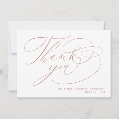 Elegant White Rose Gold Modern Script Wedding Thank You Card