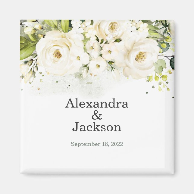 Elegant White Rose & Gold Modern Wedding Magnet (Front)
