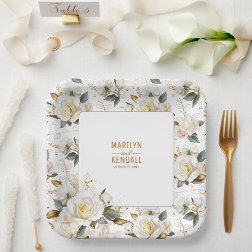 Elegant White Rose Gold Romantic Floral Wedding Paper Plates