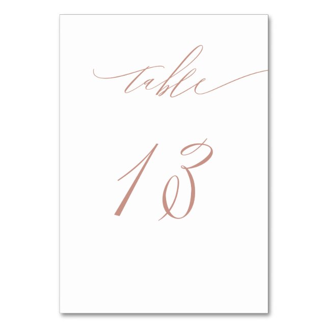 Elegant White Rose Gold Script No 13 Wedding Table Number (Front)
