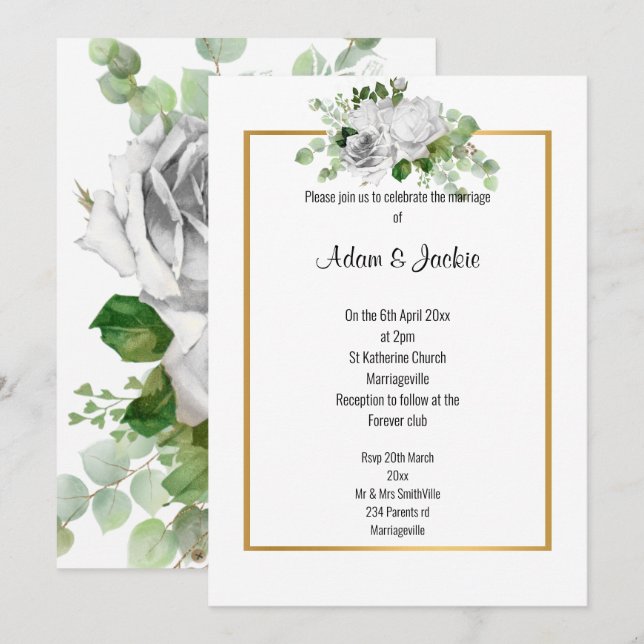 Elegant White Rose GOLD TRIM WEDDING  Invitation (Front/Back)
