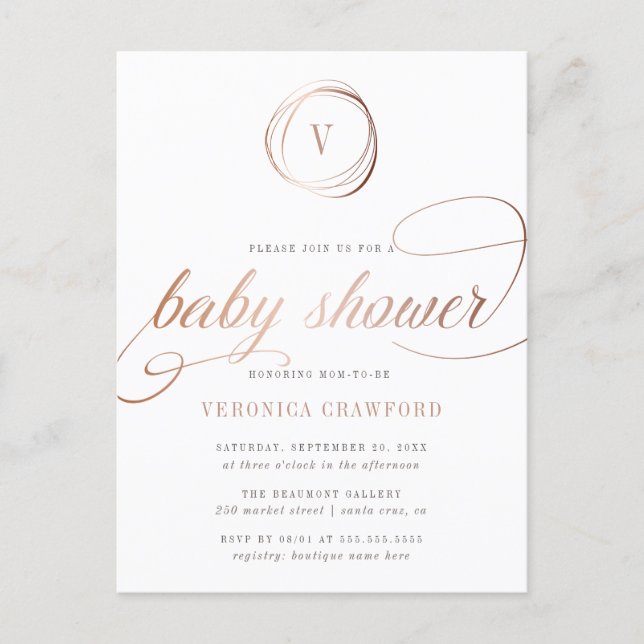 Elegant White & Rose Gold Typography Baby Shower Invitation Postcard (Front)