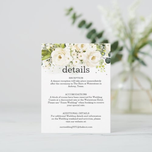 Elegant White Rose  Gold Wedding Modern Details Enclosure Card