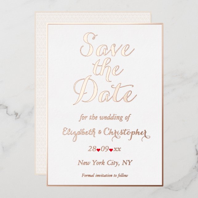 Elegant White Rose Gold Wedding Save the Date Foil Invitation (Front/Back)