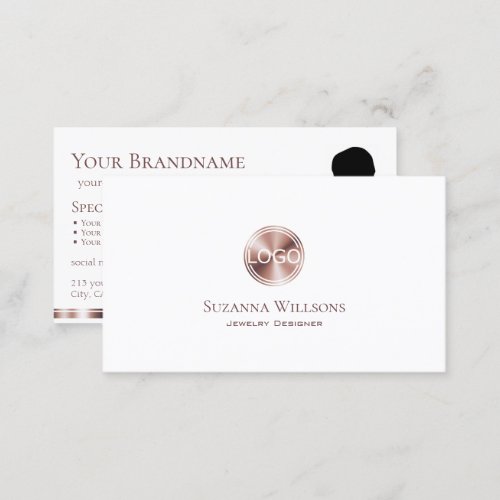 Elegant White Rose Gold with Logo and Photo Modern Business Card