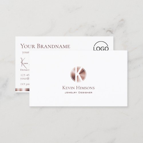 Elegant White Rose Gold with Monogram and Logo Business Card