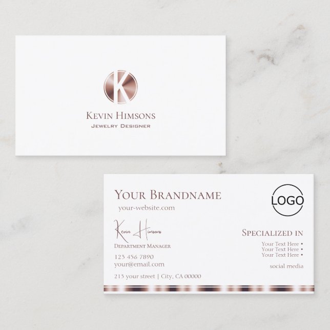 Elegant White Rose Gold with Monogram and Logo Business Card (Front/Back)