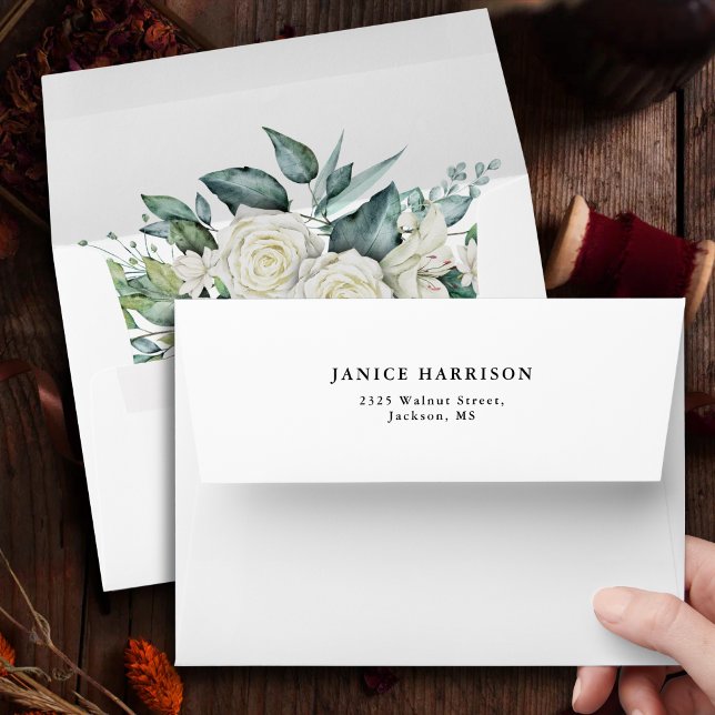 Elegant White Rose Greenery Floral Wedding Envelope (Creator Uploaded)
