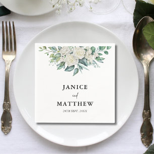 Elegant White Rose Greenery Floral Wedding Napkins