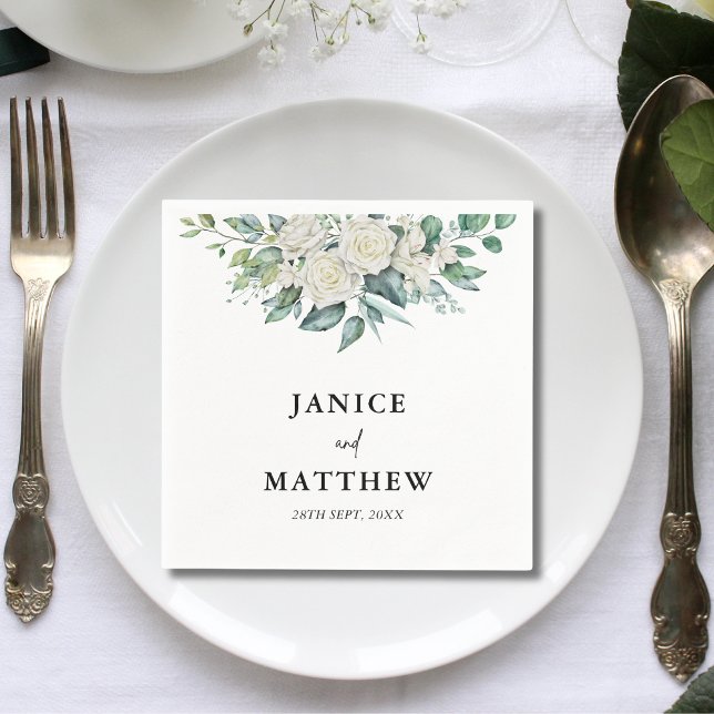 Elegant White Rose Greenery Floral Wedding Napkins (Creator Uploaded)