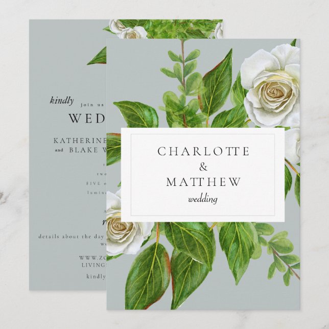 Elegant White Rose Greenery  Website Wedding Invitation (Front/Back)