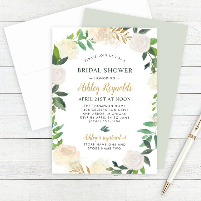 Elegant White Rose Greenery Wedding Bridal Shower Invitation (Creator Uploaded)