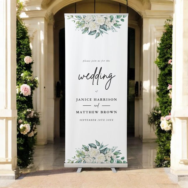 Elegant White Rose Greenery Wedding Welcome Retractable Banner (Creator Uploaded)