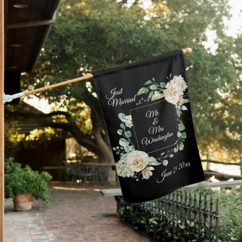 Elegant White Rose  Just Married with Date Wedding House Flag