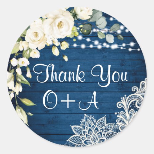 Elegant White Rose Lace Thank You Wedding Monogram Classic Round Sticker