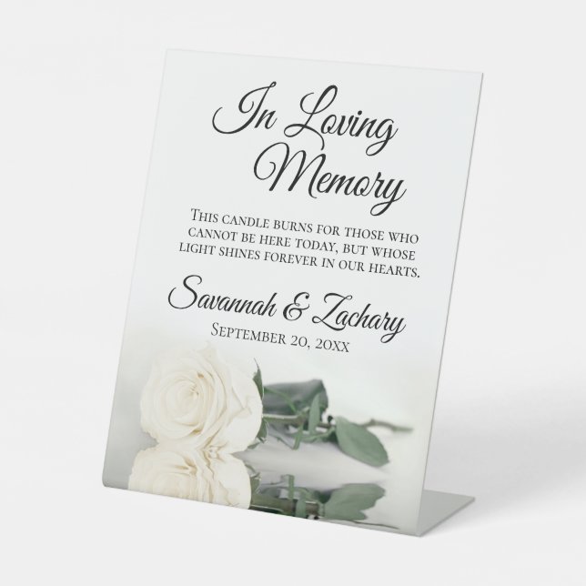 Elegant White Rose Loving Memory Wedding Memorial Pedestal Sign (Front)
