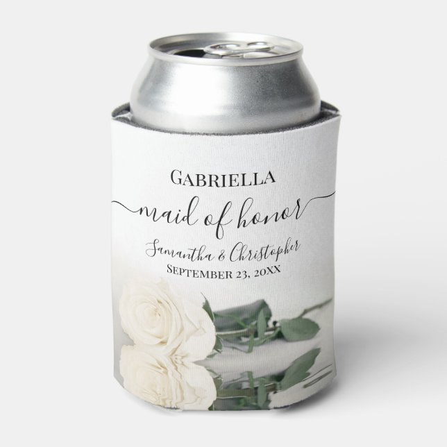 Elegant White Rose Maid of Honor Wedding Can Cooler (Can Front)