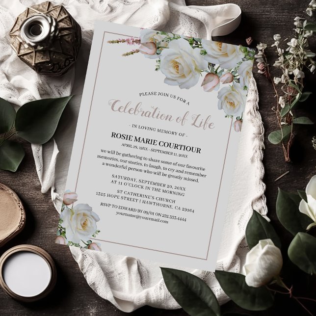 Elegant White Rose Memorial | Celebration of Life Invitation (Creator Uploaded)