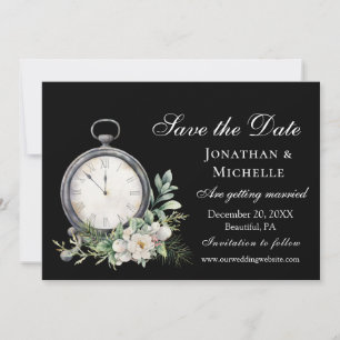 Elegant White Rose on Black Vintage Clock Wedding Save The Date
