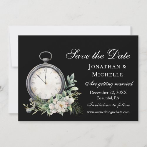 Elegant White Rose on Black Vintage Clock Wedding Save The Date