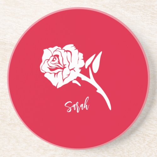 Elegant White Rose Personalized Name Farmhouse Red Coaster