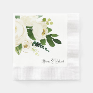Elegant White Rose Personalized Wedding Cocktail Napkins