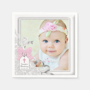 Elegant White Rose Photo Christening Paper Napkins