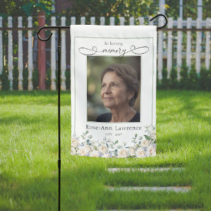 Elegant White Rose Photo Tribute Remebrance Garden Flag