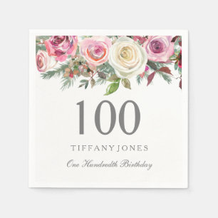 Elegant White Rose Pink Floral 100th Birthday Paper Napkins