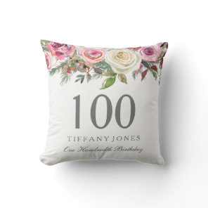 Elegant White Rose Pink Floral 100th Birthday Throw Pillow
