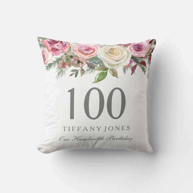 Elegant White Rose Pink Floral 100th Birthday Throw Pillow (Front)