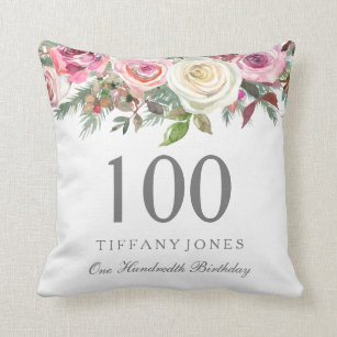 Elegant White Rose Pink Floral 100th Birthday Throw Pillow