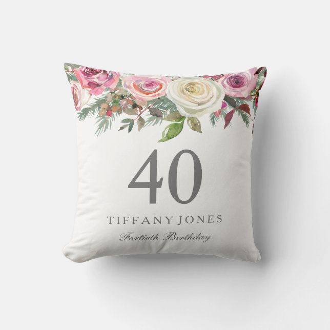 Elegant White Rose Pink Floral 40th Birthday Throw Pillow (Front)