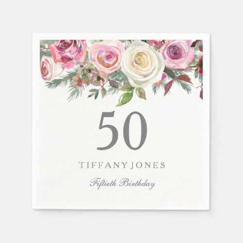 Elegant White Rose Pink Floral 50th Birthday Paper Napkins