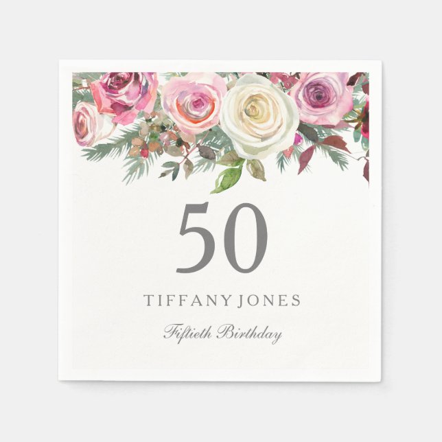 Elegant White Rose Pink Floral 50th Birthday Paper Napkins (Front)