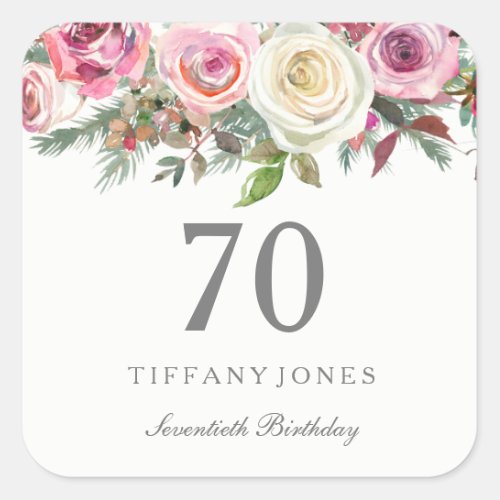 Elegant White Rose Pink Floral 70th Birthday Square Sticker