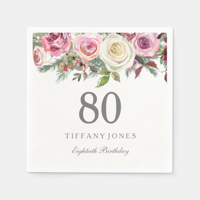 Elegant White Rose Pink Floral 80th Birthday Napkins (Front)