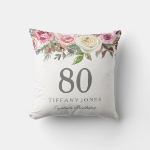 Elegant White Rose Pink Floral 80th Birthday Throw Pillow