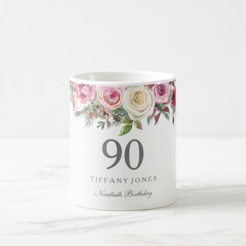 Elegant White Rose Pink Floral 90th Birthday Coffee Mug