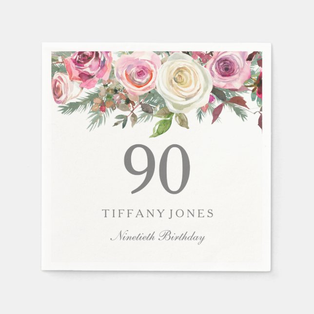 Elegant White Rose Pink Floral 90th Birthday Napkins (Front)