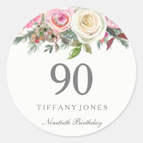 Elegant White Rose Pink Floral 90th Birthday Party Classic Round Sticker