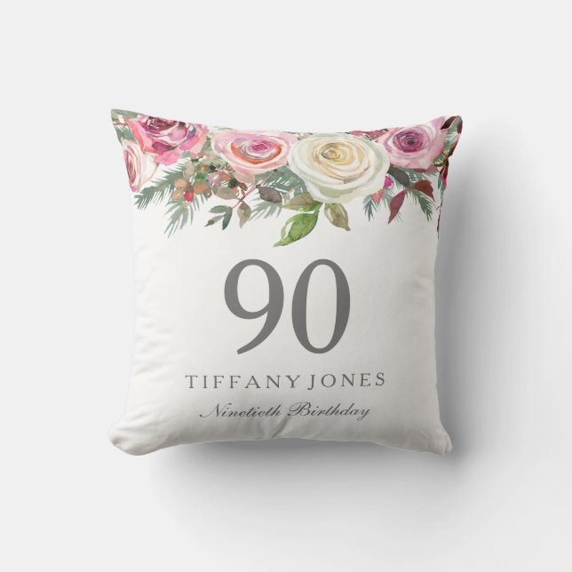 Elegant White Rose Pink Floral 90th Birthday Throw Pillow (Front)