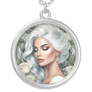 Elegant White Rose Portrait Pendant Necklace
