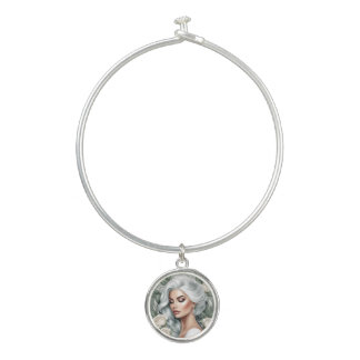 Elegant White Rose Portrait Pendant Necklace Bangle Bracelet