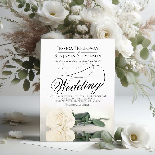 Elegant White Rose Reflection Romantic Wedding Invitation