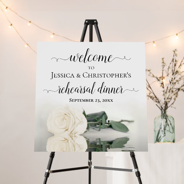 Elegant White Rose Rehearsal Dinner Welcome Foam Board (In Situ (Stand))