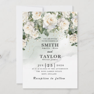 Elegant White Rose Sage Green Wedding Invitation