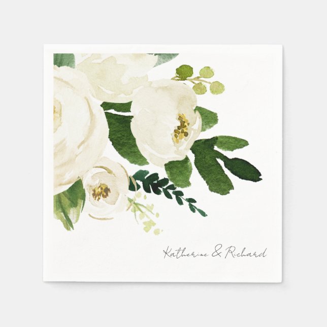 Elegant White Rose Script Personalized Cocktail  Napkins (Front)